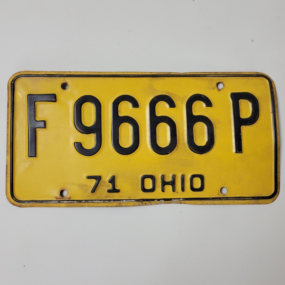Vintage 1971 Ohio License Plate Yellow Black Embossed F 9666 P Collectible Tag